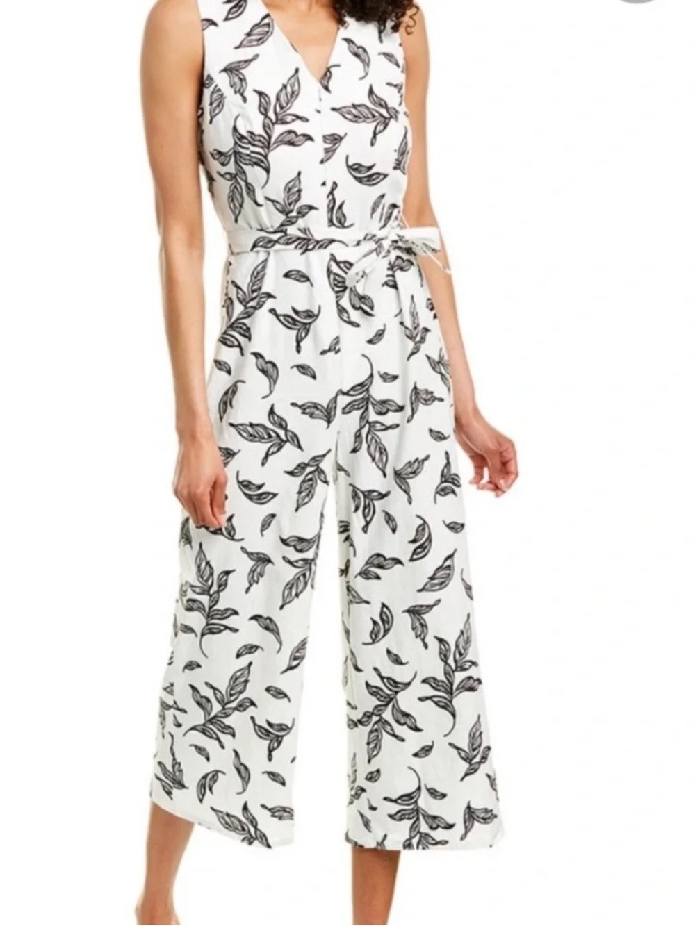 T Tahari White and Black Leaf-Print Sleeveless Culotte Jumpsuit linen blend 16